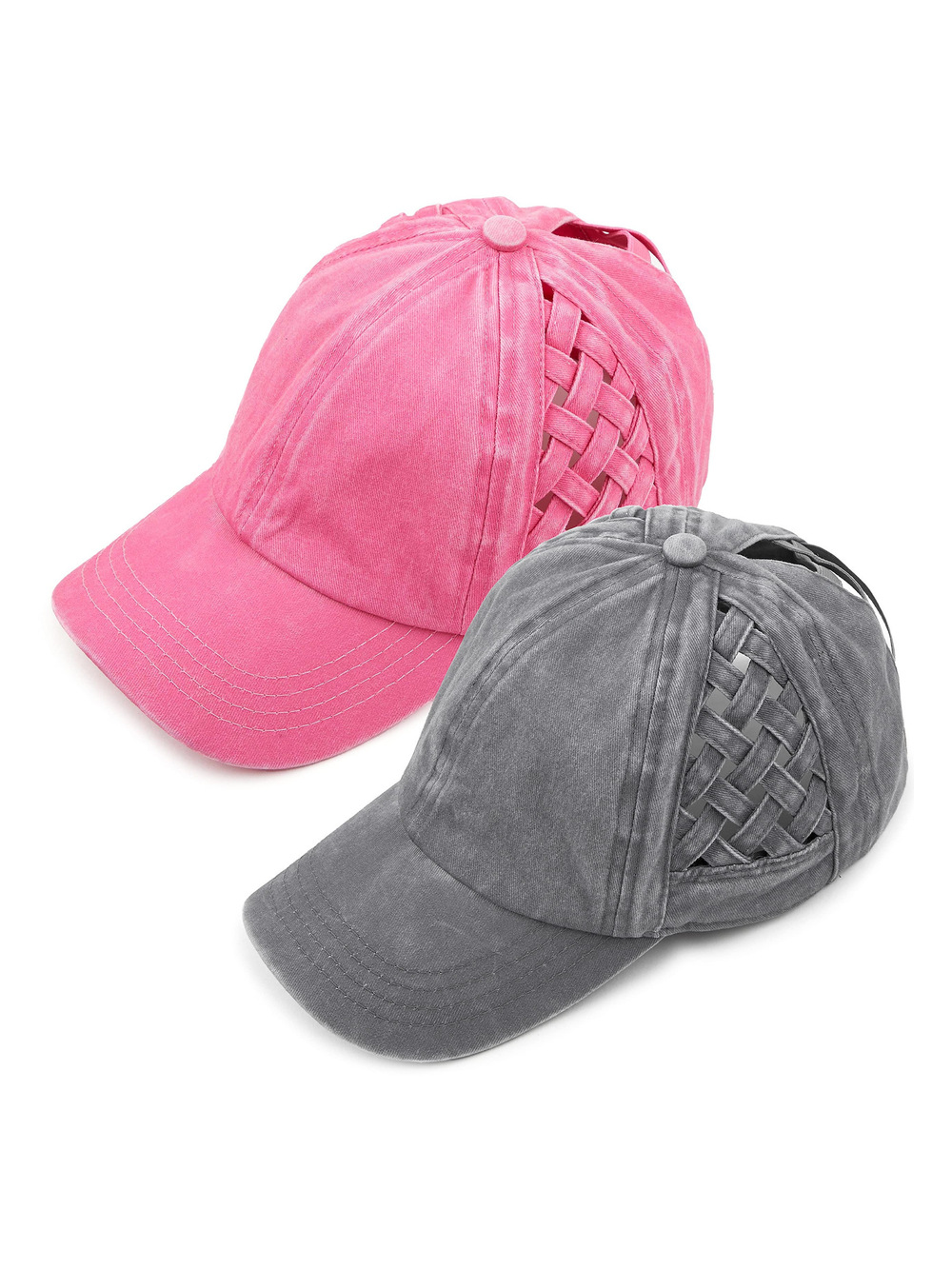 Criss Cross Ponytail Cap, Messy Bun | 2 Packs, Basketweave Gray, Pink | Size OS